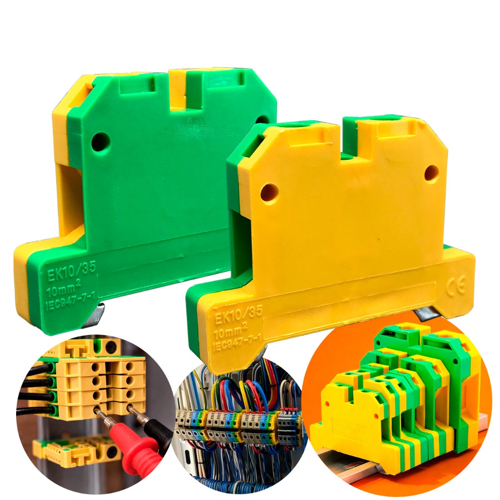 Borne Sak Terra Conector de Passagem 10mm Verde Amarelo SAKI Aterramento Elétrico Fixação Trilho Din