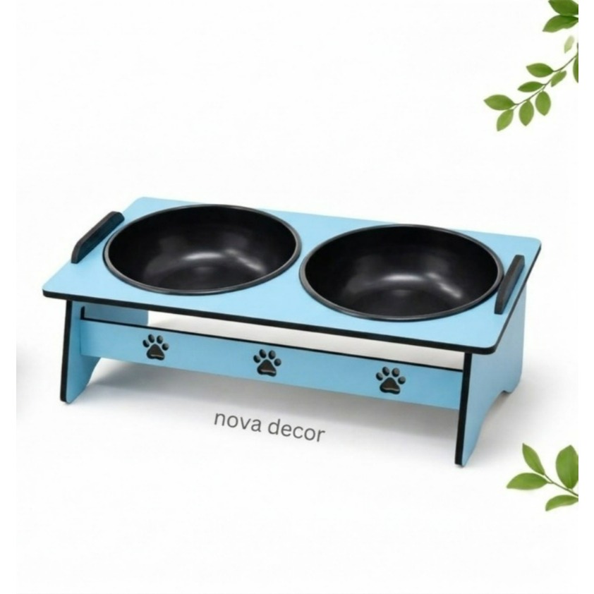Comedouro Elevado Pet MDF e Bebedouro Gato e Cachorro com Tigela 400ml azul, rosa e madeira