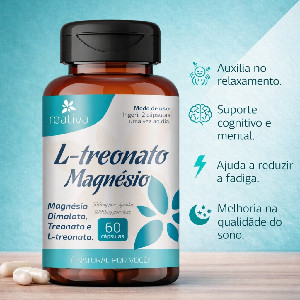 Magnésio L-Treonato 500mg 60 Cápsulas Reativa Suporte Cerebral Memória Foco Sono Magnésio Dimala