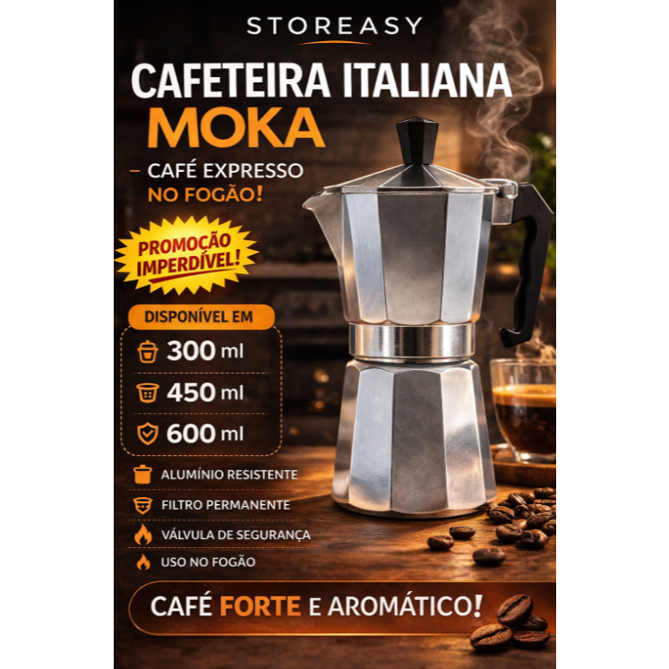 Cafeteira Italiana Moka Alumínio Café Expresso Fogão Válvula Segurança Filtro Permanente 300 450 600ml | Storeasy