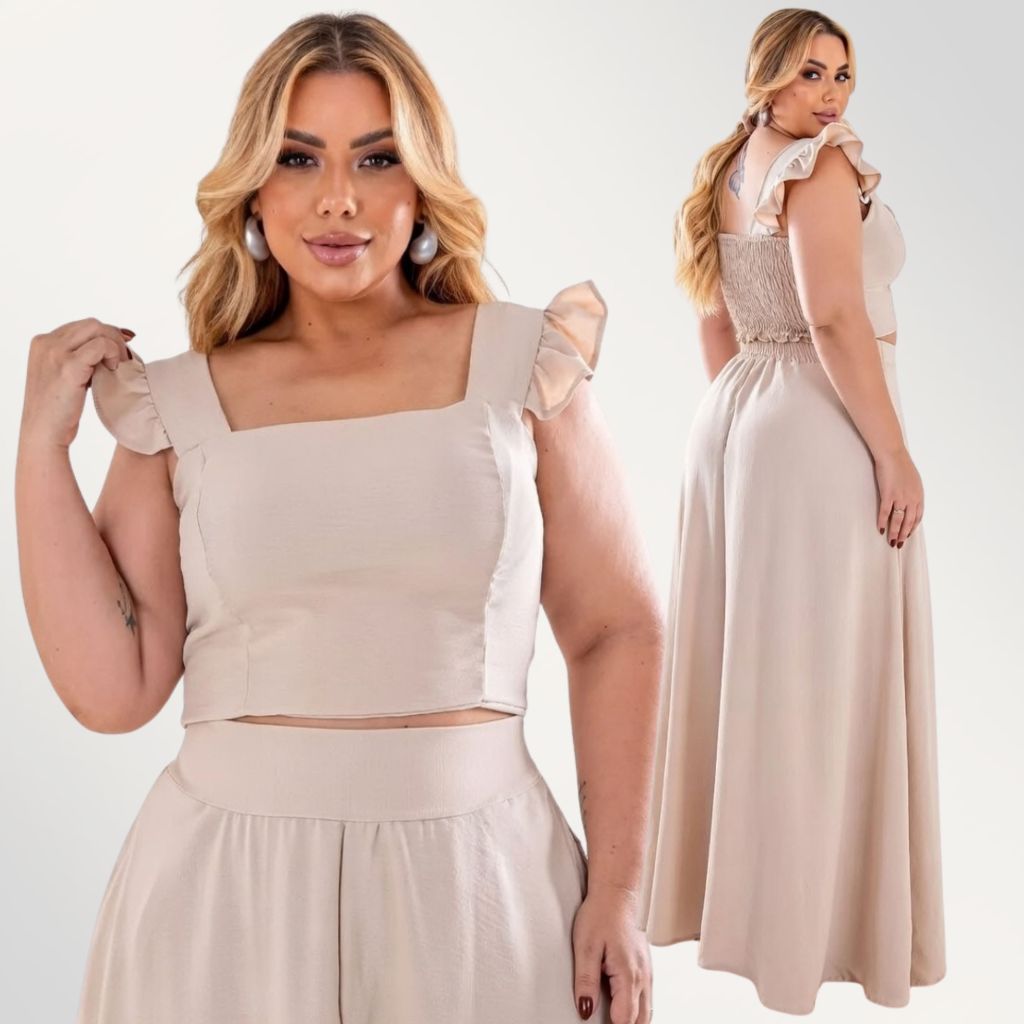 Conjunto Feminino Plus Size Saia Longa Godê e Cropped Babado Alça Crepe Duna Moda Evangélica Festa em Oferta na Shopee