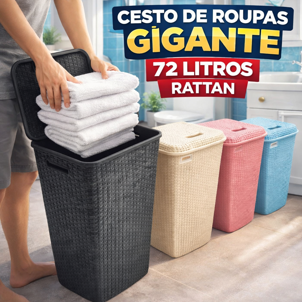 Cesto Roupa Suja 72L Rattan com Tampa Grande Organizador Lavanderia Banheiro Quarto Cesto Plástico Resistente Multiuso