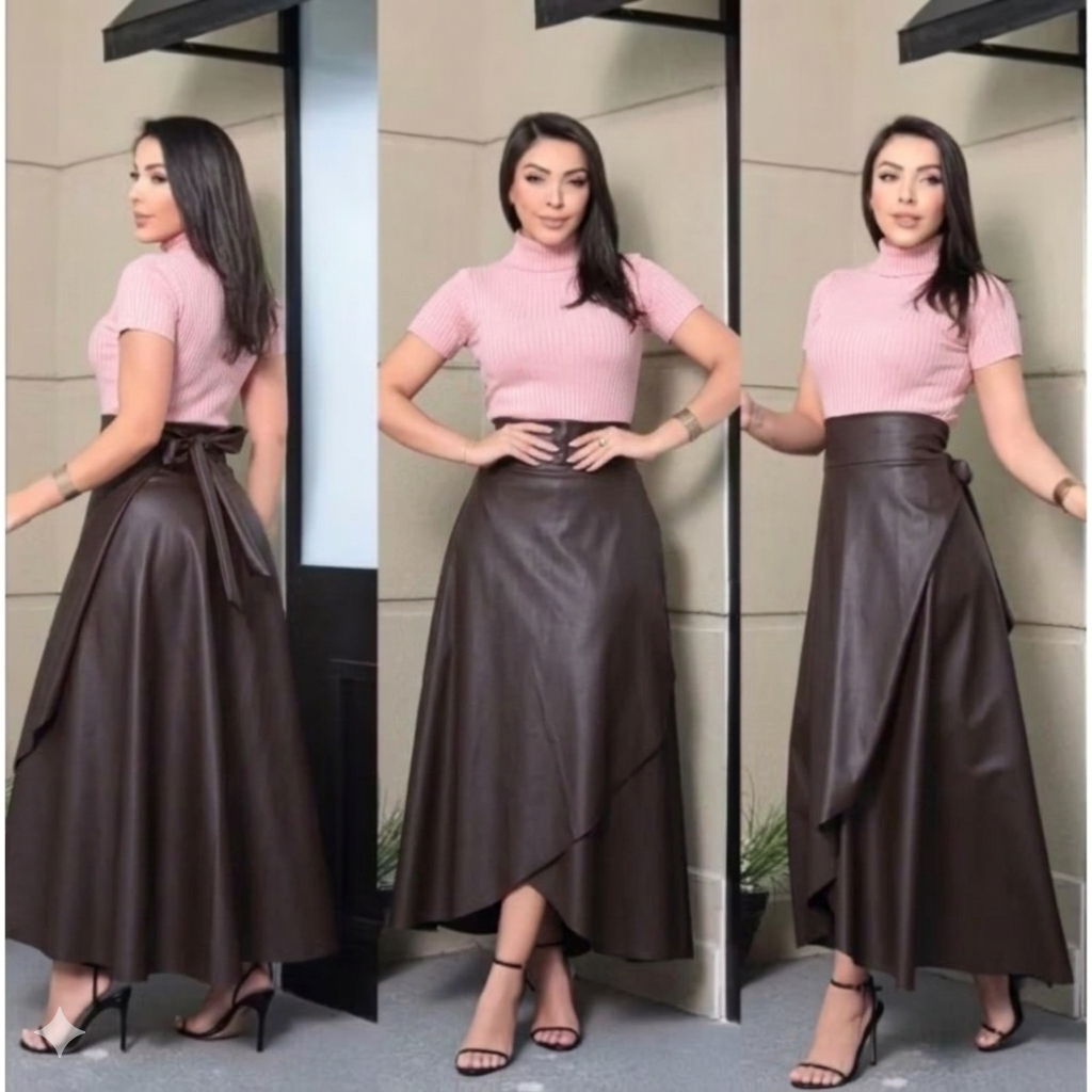 Saia Envelope de Couro Ecológico Premium - Cintura Alta Moda Blogueira em Oferta na Shopee