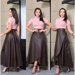 Saia Envelope de Couro Ecológico Premium - Cintura Alta Moda Blogueira em Oferta na Shopee