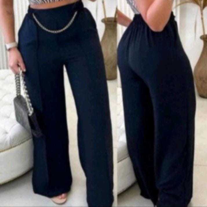 Calça Pantalona Duna Wide Leg Alfaiataria Com Bolso e Corrente Social Tendencia Várias Cores