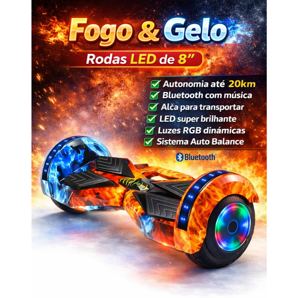 Hoverboard Elétrico 8” Bluetooth LED Autoequilíbrio Bivolt Até 100kg 12km/h