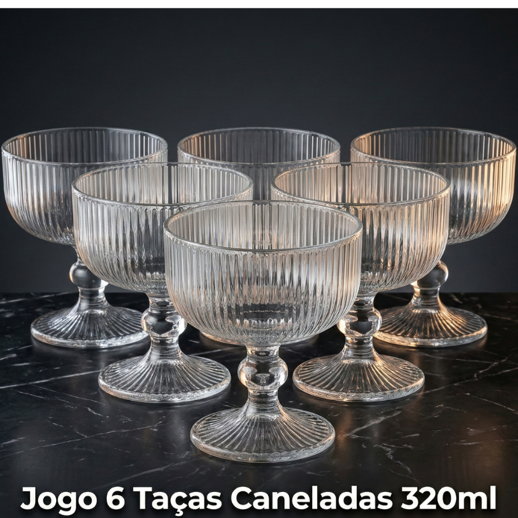 Conjunto de 6 Taças em Vidro - Jogo Canelado para Sobremesa e Sorvete, 320ml em Oferta na Shopee