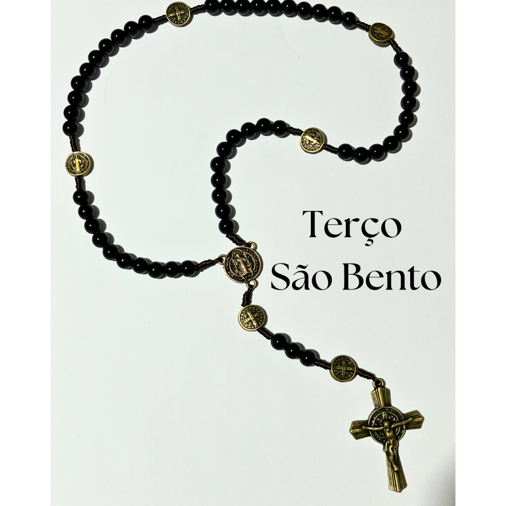 Terço São Bento Preto com Medalhas | Rosário Católico de Proteção | Terço para Oração Religioso