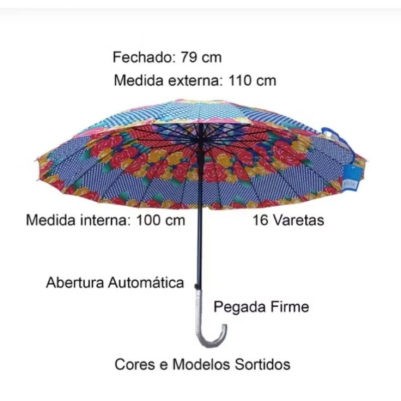 Guarda chuva de poliester automatico portaria 16 varetas cabo curvo 97cm-6153