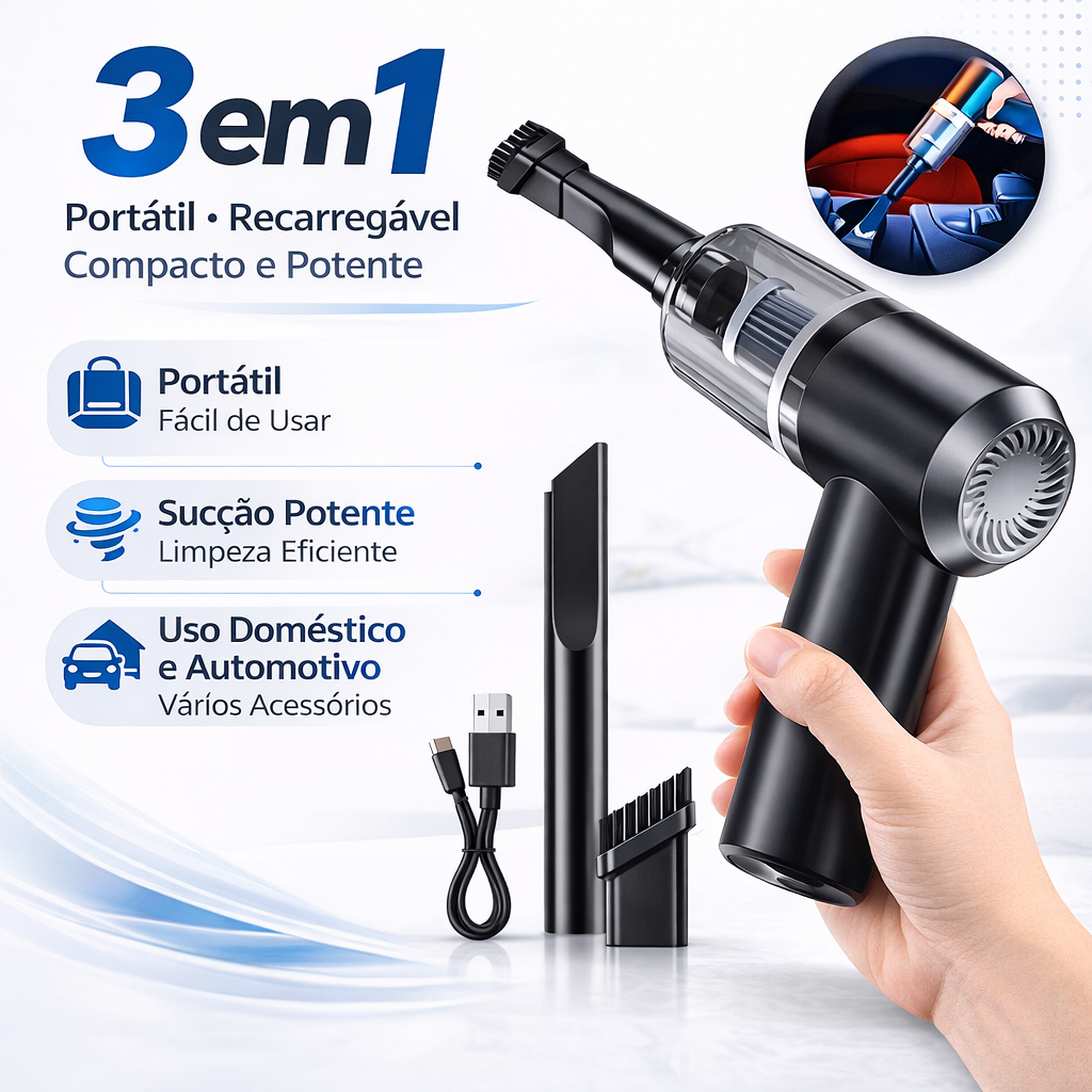 Aspirador de Pó Portátil 3 em 1 USB Recarregável sem Fio para Carro, Casa e Teclado