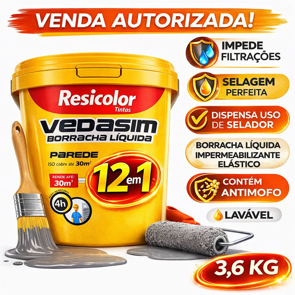 Manta Líquida Emborrachada Impermeabilizante 3,6kg Vedassim Resicolor Antimofo 12 em 1