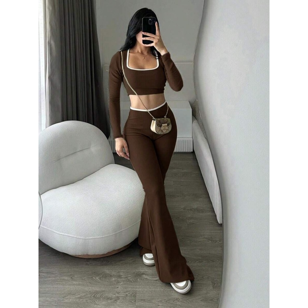 Conjunto Slim | Calça Flare Bailarina Canelada Cintura Alta | Cropped Manga Longa | Gringa - Casual.
