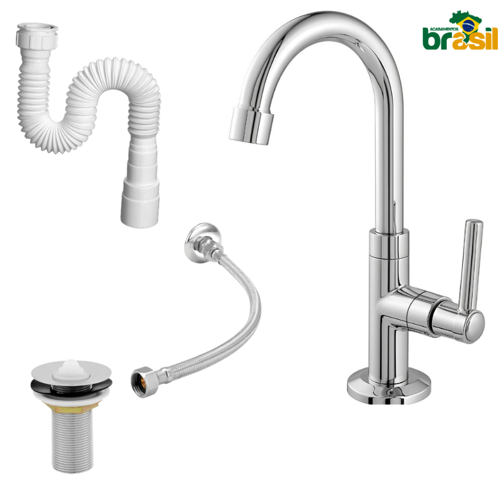 Kit Torneira pia Lavatório Banheiro ABS Bica Alta + Sifão + Engate Inox 40cm + Válvula 7/8 – 1198