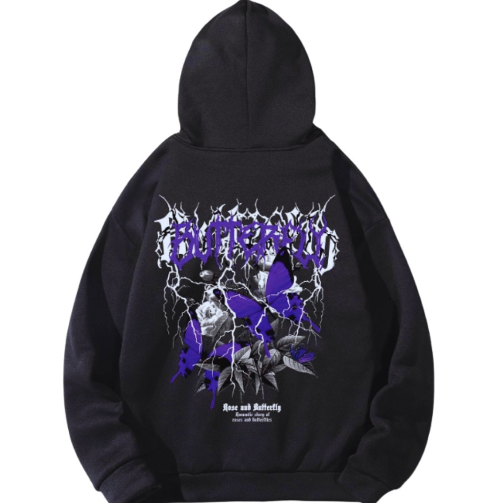 Moletom Black Metal Butterfly Blusa de Frio Canguru com Capuz Estética Gótica E-Girl