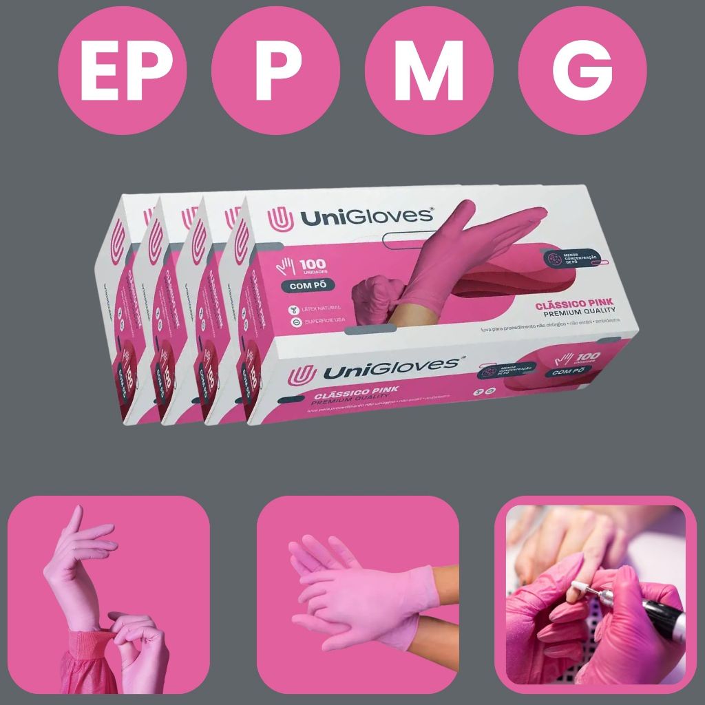 Luva de Látex Rosa Com Pó Descartável UniGloves – Profissional