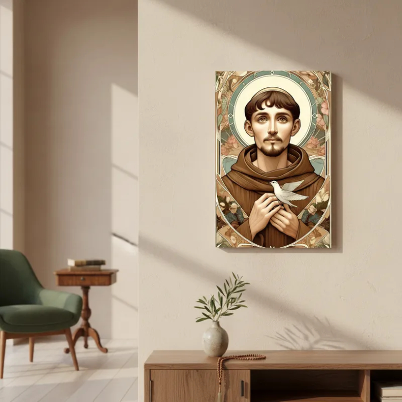 Quadro Decorativo Arte Católica São Francisco De Assis Santo Mensageiro da Paz Canvas 60x40