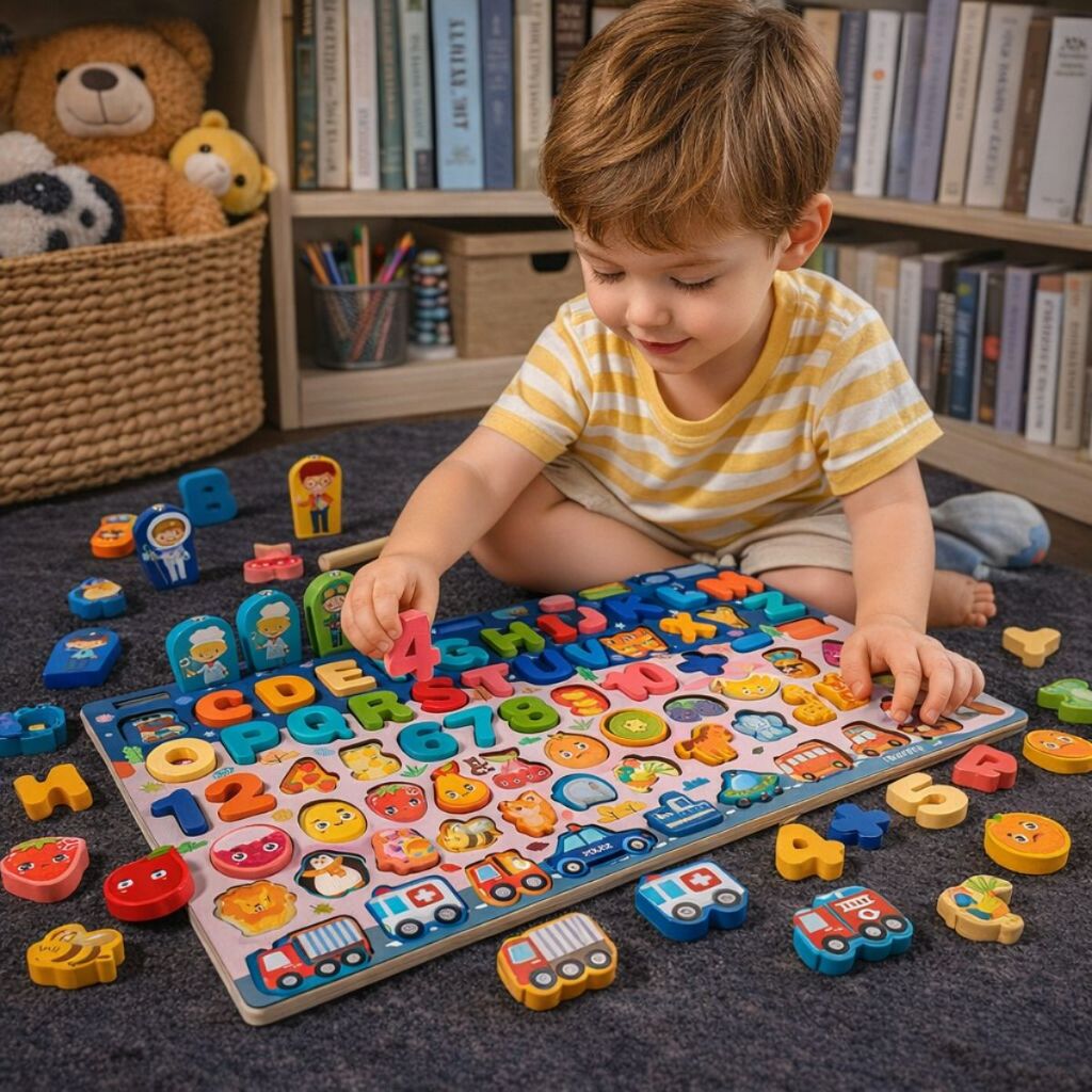 Quebra-Cabeça Educativo Infantil de Madeira Montessori Alfabeto Números Animais Brinquedo Didático