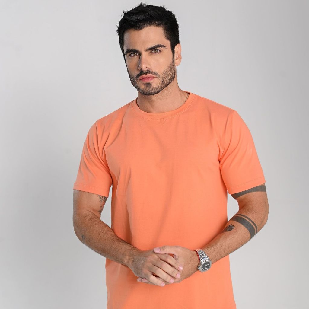Camiseta Masculina Laranja 100% Algodão Fio 30.1 Lisa Casual Conforto Premium Dia Dia