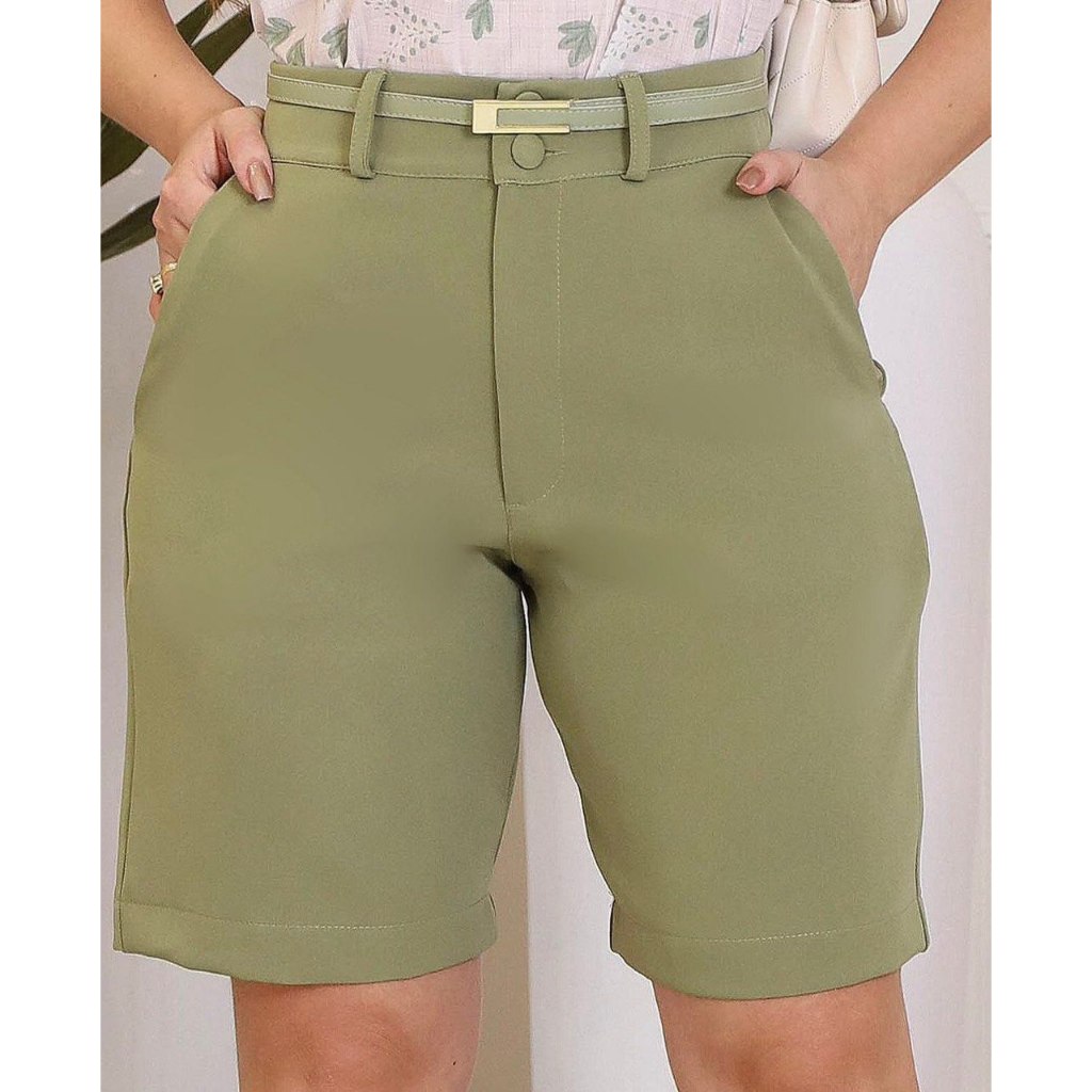 Short Feminino Alfaiataria Longo Crepe de Alfaiataria com Cinto e Bolsos Cintura Alta Elegante Social