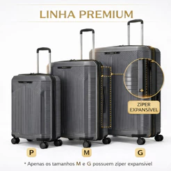 Kit 3 Malas de Viagem Premium Primicia Executiva ABS Resistente TSA Rodinha 360 Anac Bagagem Bordo