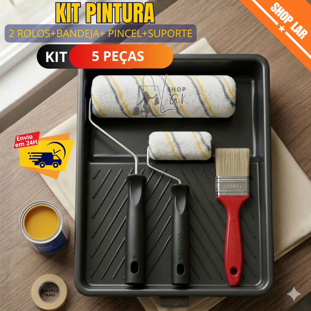 KIT PINTURA 5 PEÇAS POLIPOP KIT COMPLETO ROLO 23 E 9 CM PINCEL 2'' BANDEJA SUPORTE