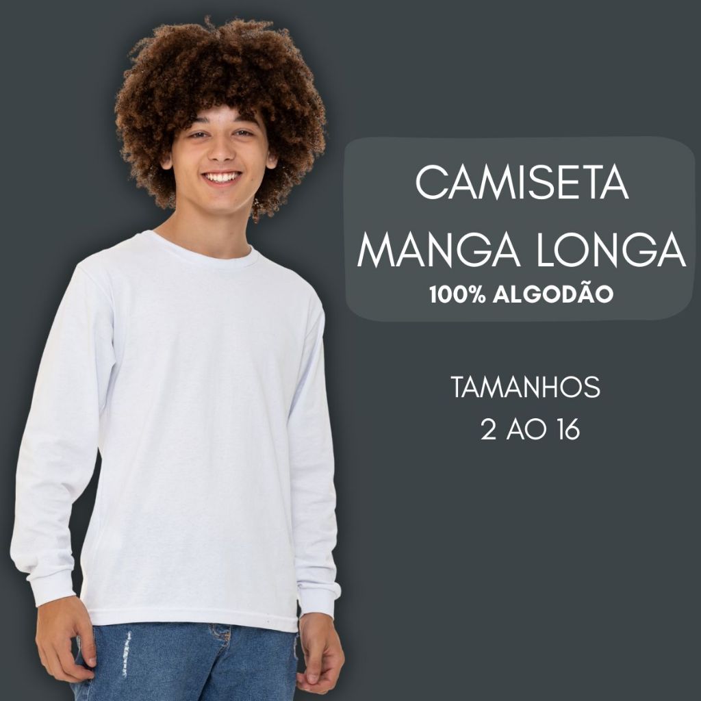 Blusa Camiseta Infantil Camisa Masculina Manga Longa Branca Com Punho 3020-A