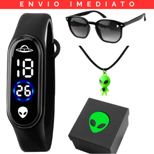 Presente de Menino: Relogio Digital Infantil Prova Dagua Alienígena + Colar ET + Caixa Ovni + Oculos Sol Anti-UV