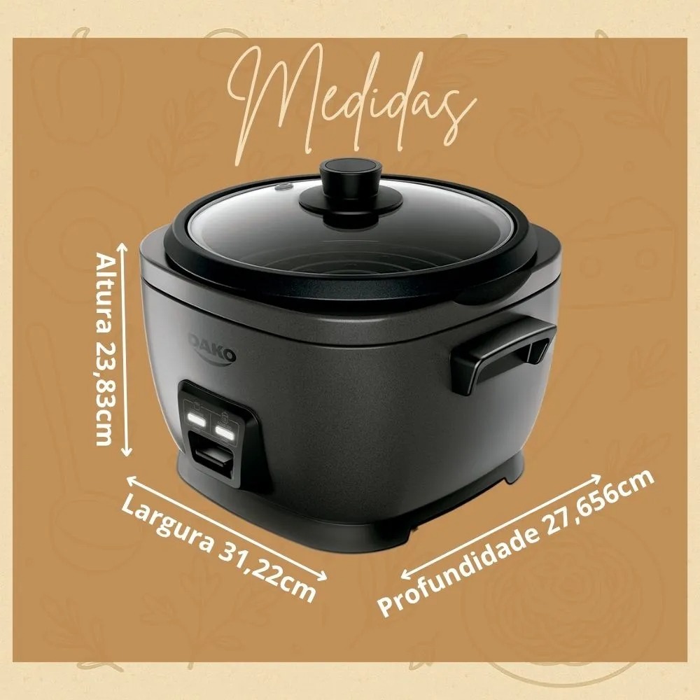 Panela De Arroz Elétrica Dako 700w 4L 10 Xícaras Preta 127v Sushi Cozimento Lento Legumes a Vapor