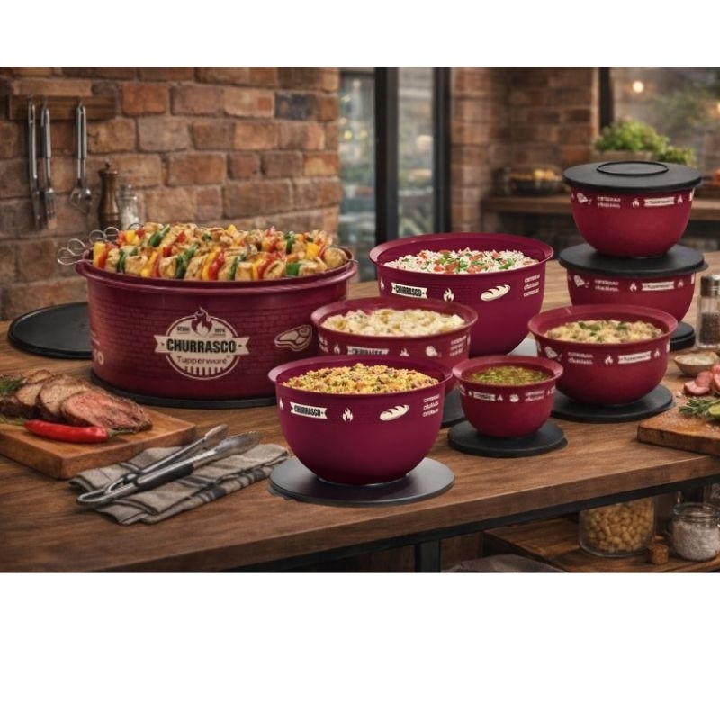 KIT 8 PEÇAS PORTA TUDO 10L SABOR NA BRASA + TIGELA MURANO 4,3L + 2UN 2,5L + 3UN 1,3L + 500ML CHURRASCO - TUPPERWARE