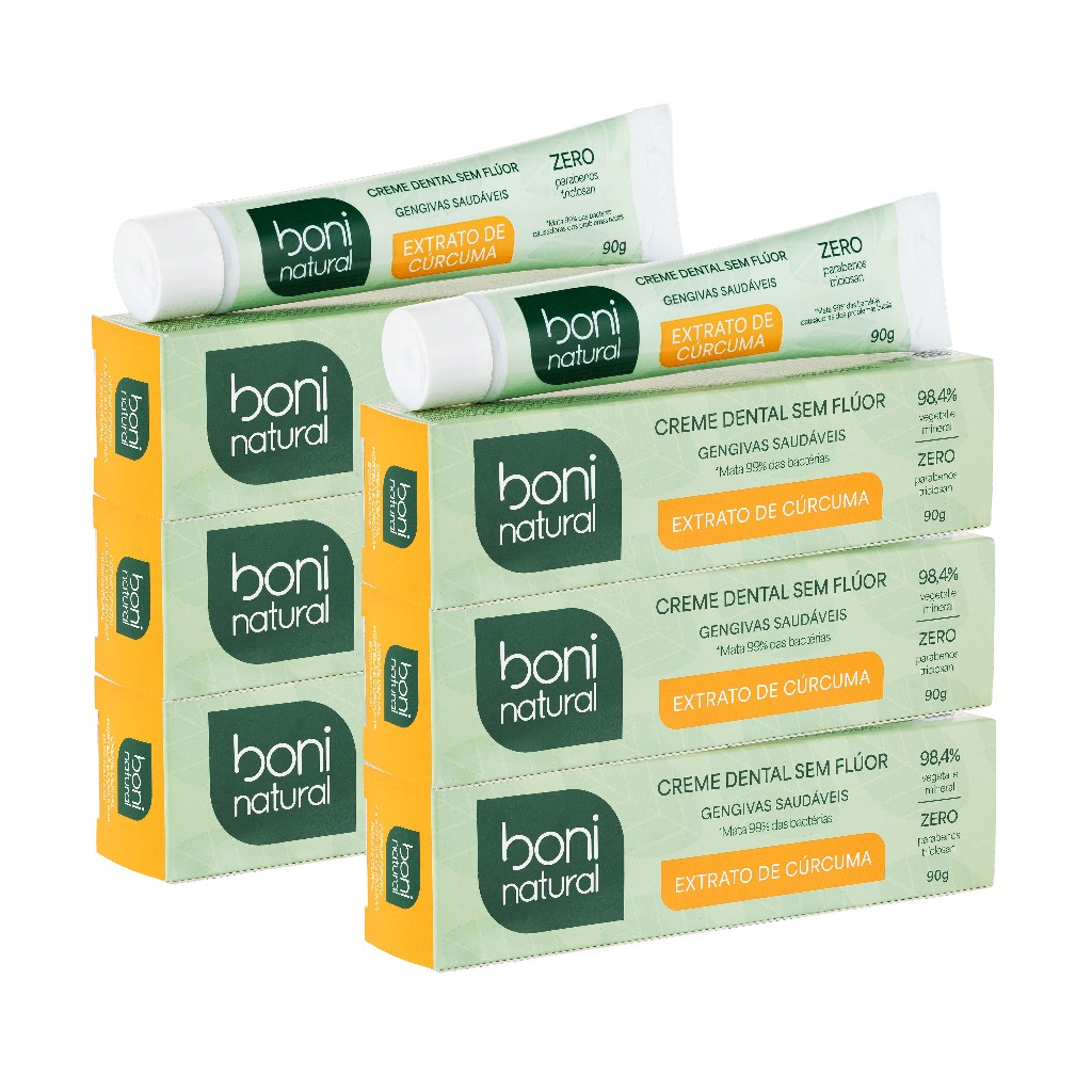 Kit 6 Cremes Dentais Hortelã e Cúrcuma 90g Boni Natural