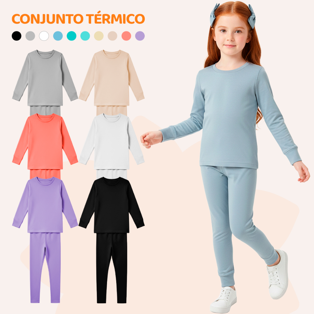 Kit 2 Conjuntos Térmicos Infantil Menina Quentinho Para Inverno Feminino De Frio Liso Blusa Térmica Manga Longa e Calça em Oferta na Shopee