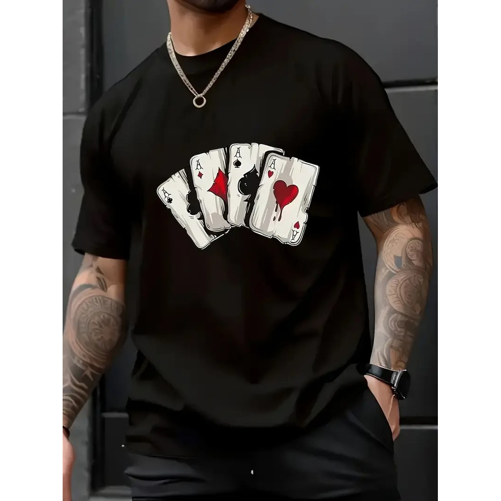 Camiseta com Cartas Baralho Poker 4 Ases Estilo Streetwear Algodão Premium