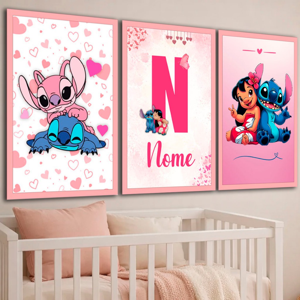 Quadro Decorativo Lilo & Stitch e Angel Kit 3 Peças Decoração Infantil Com Nome Personalizado Menina