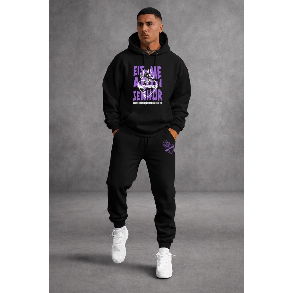 Conjunto Moletom Masculino Cristão com Capuz + Calça  Moletom Estampado Inverno Casual Streetwear Confortável Eis-me aqu