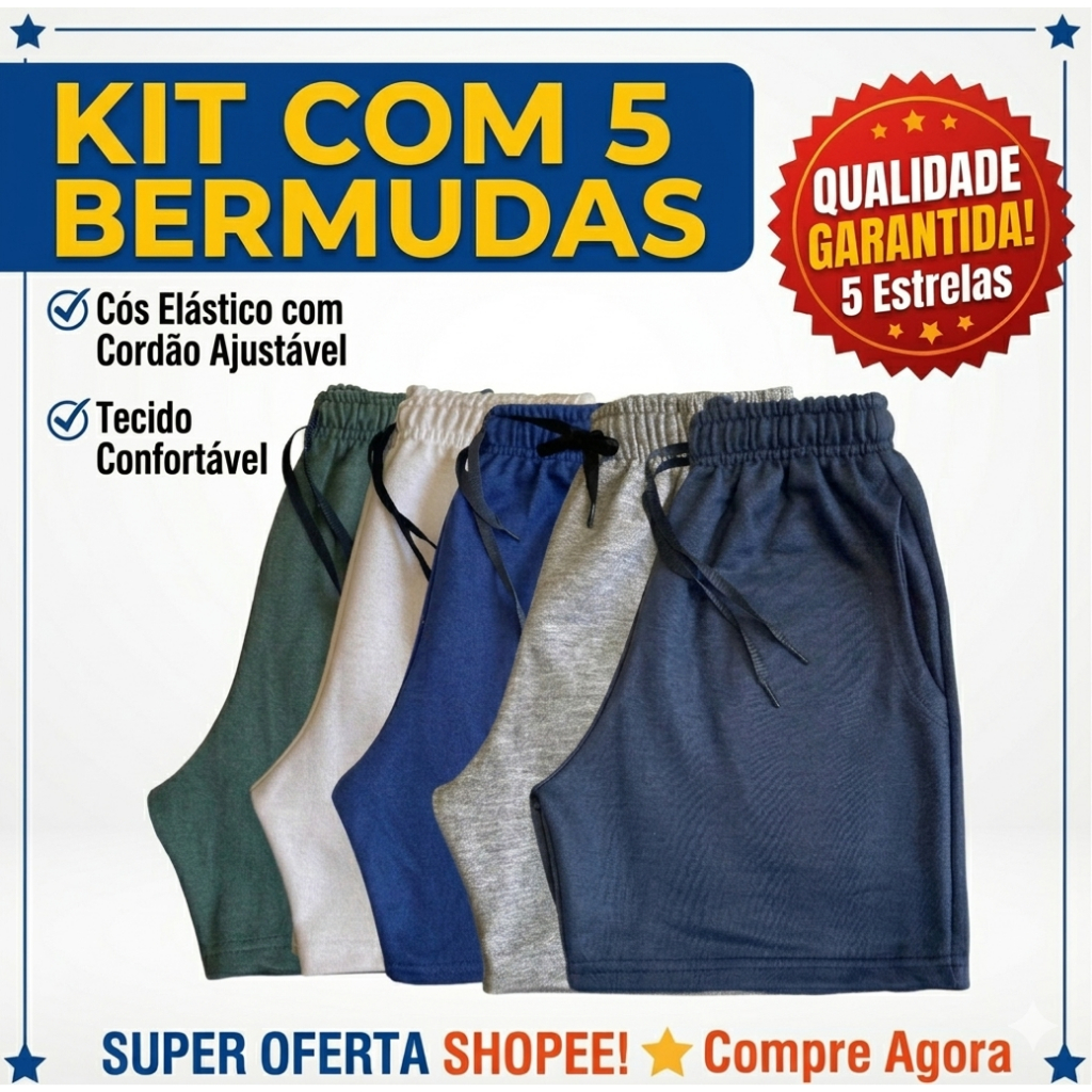 Kit 5 Bermudas Juvenil /Infantil Masculino Shorts De Moletinho Básico Verão