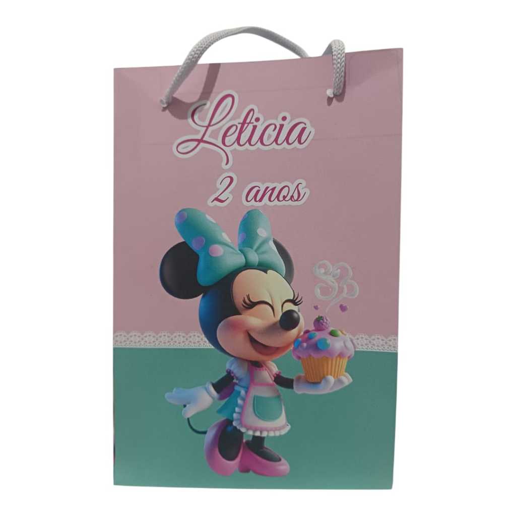 Sacolinha Personalizada com nome e idade (cabe Pipoca) Minnie Confeiteira Festa Aniversário Lembrancinhas