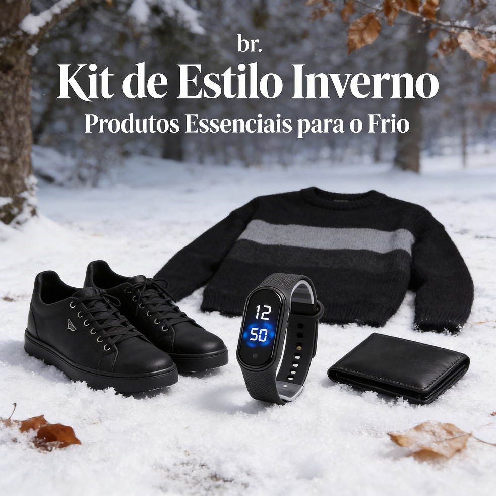 Kit Masculino 4 Peças Tênis Preto + Blusão Tricot Preto Cinza + Smartband + Carteira Preta
