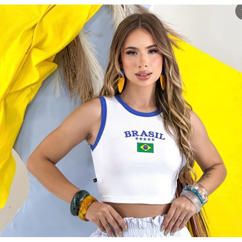 Cropped Brasil Feminino Branco Canelado Estampa Brasil Moda Copa
