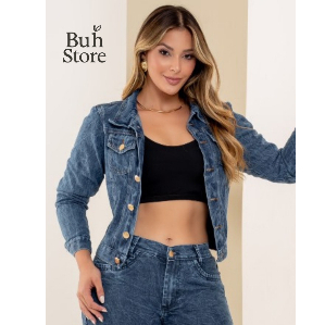 Jaqueta Jeans Feminina Jeans Escuro Casual Moderna com Botões Bolsos Manga Longa - 3502 - Buh Store