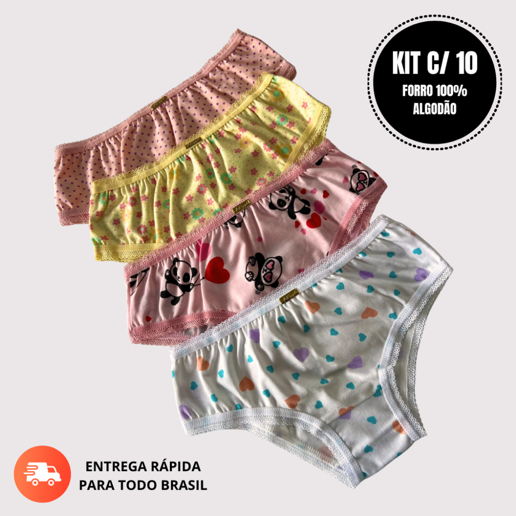 Kit 10 Calcinha Infantil Estampada Menina Mocinha Rendinha Delicada Presente Forro Algodão Atacado