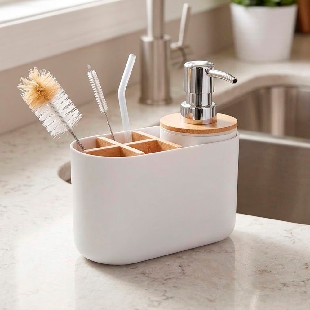 Dispenser Sabonete Líquido e Detergente 280ml 🛁 Pia Bancada Organizador Banheiro Porta Escovas Bambu
