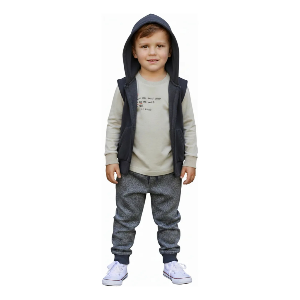 Conjunto Inverno Menino Angerô TAM 3 (3 PEÇAS): Camiseta, Colete e Calça de Moletom