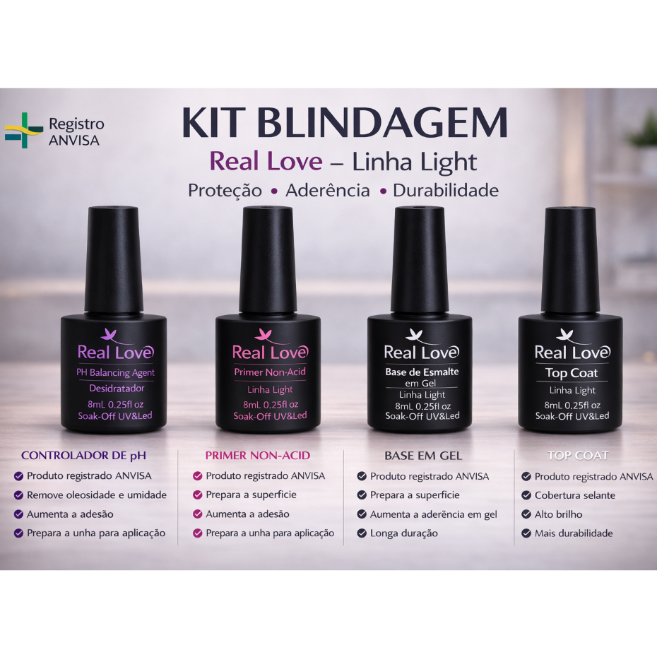 Kit Blindagem Preparadores Unha Em Gel Real Love 8ml - Primer Base em Gel Top Coat PH Desidratador