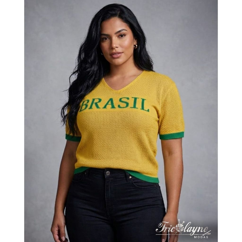 Blusa do Brasil Feminina Tricot Camisa Gola V Torcida Camiseta Tricô Moda Verão