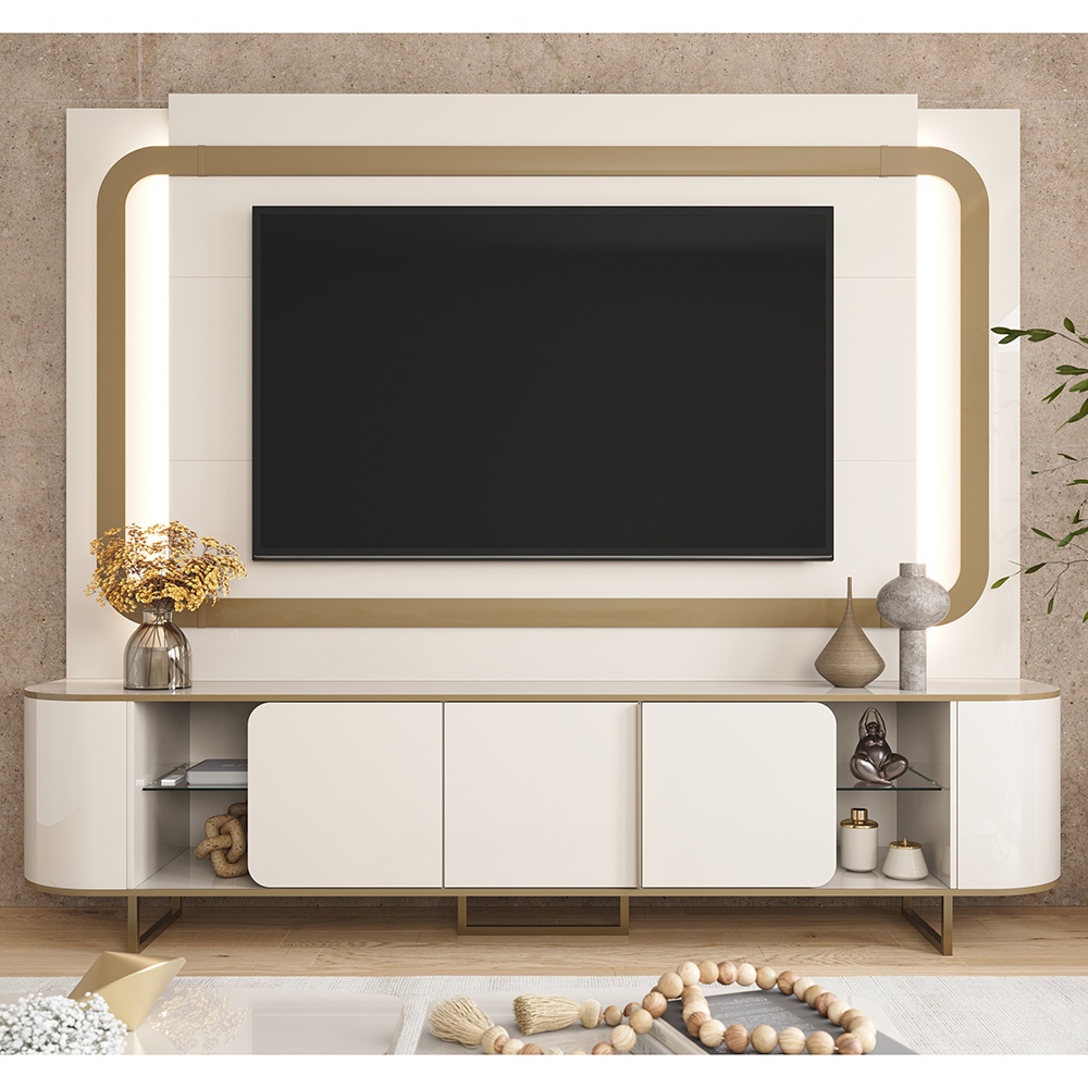 Estante Home Atlanta para TV até 75” com LED Cantos Arredondados Pés de Ferro Design Moderno Movelove
