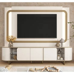Estante Home Atlanta para TV até 75” com LED Cantos Arredondados Pés de Ferro Design Moderno Movelove