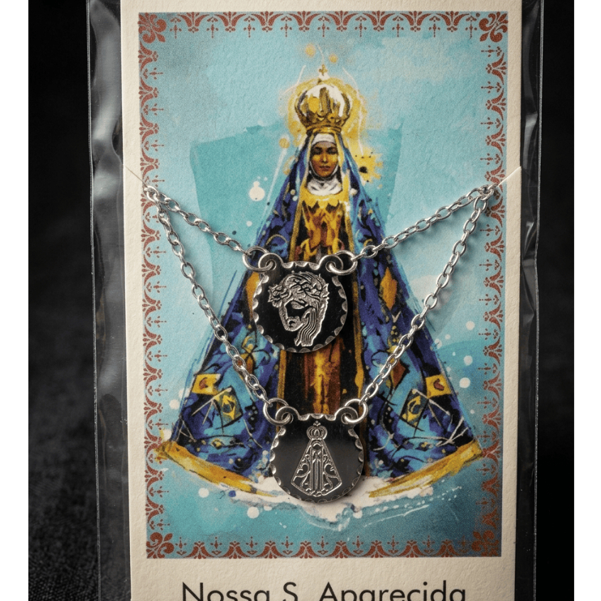 Escapulário Correntinha Nossa Senhora de Aparecida Escudo Masculino Feminino Aço Inoxidável Cor Prata