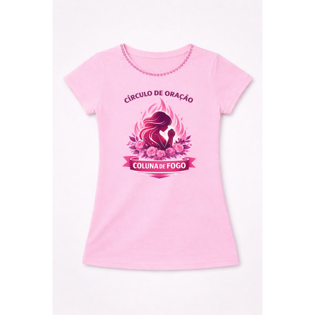 Camiseta Evangélica Feminina Círculo de Oração Coluna de fogo | Camiseta Cristã em Polielastano com Pérolas