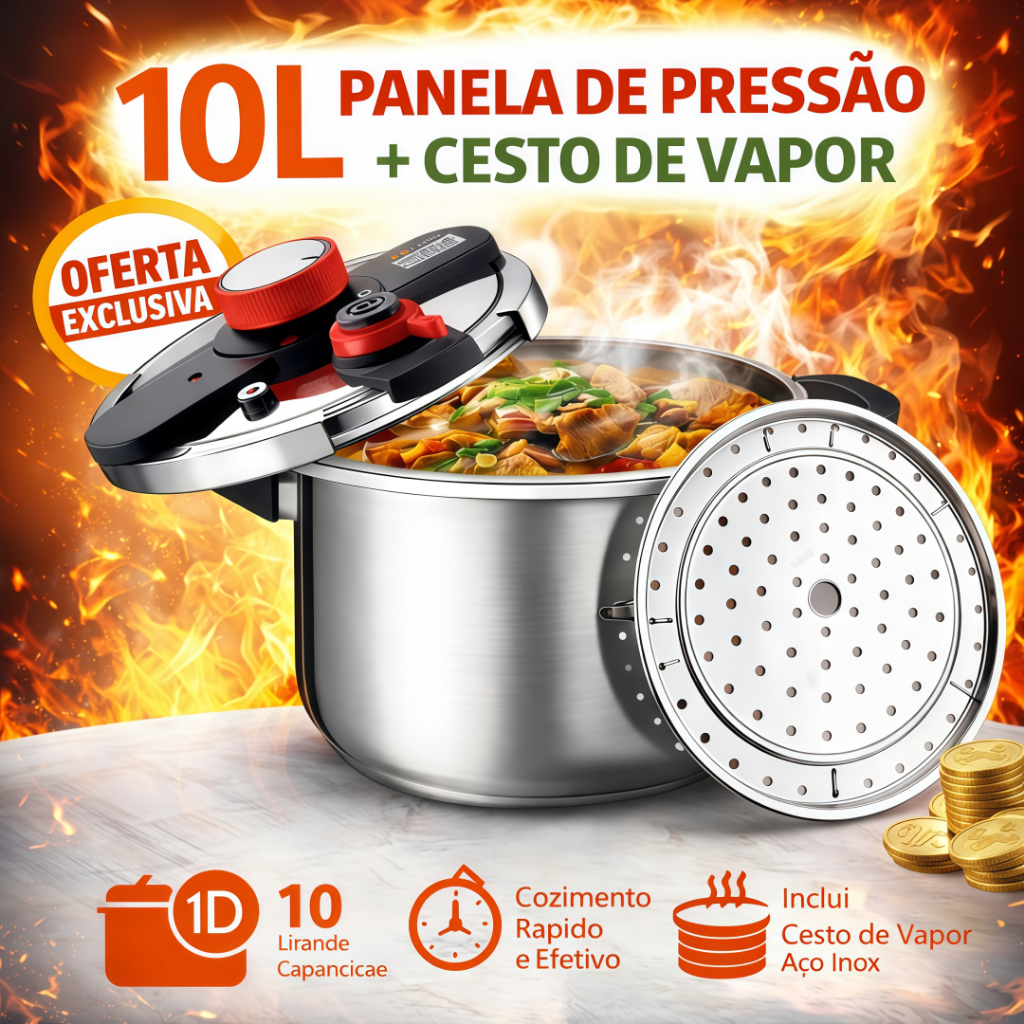 Imagem Panela de Pressão Inox 6L 8L 10L - Sistema Antiexplosão - 3 Níveis - Cozimento Rápido e Fácil