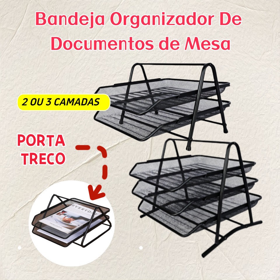 Bandeja Organizador De Documentos de Mesa 2 e 3 Camadas Porta Treco Multiuso Papel A4 Metal Aramado